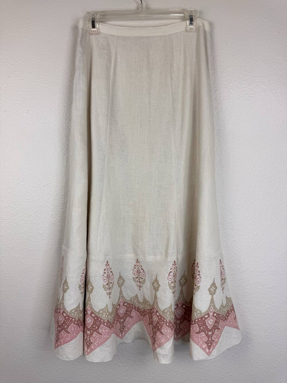 Vintage Y2K Karen Kane 100% Linen Low Rise Maxi Skirt Floral Boho Cream Pink 4